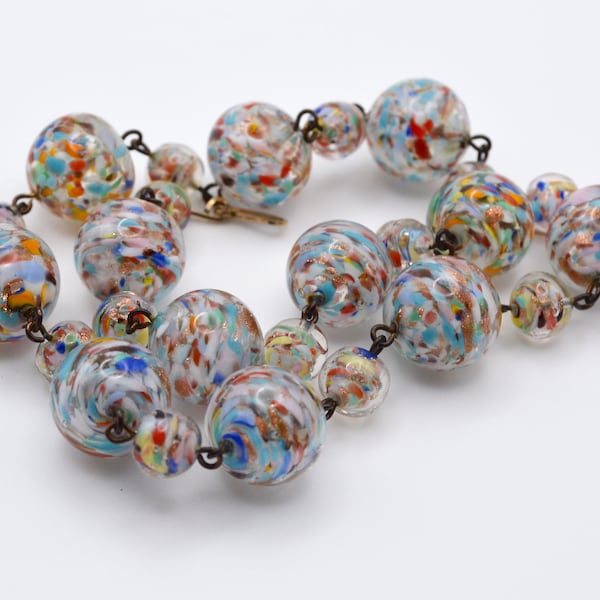 Venetian Murano 1950s Italian multicoloured Marble glass beads with Copper Aventurine Swirl and metal links. Beautiful.