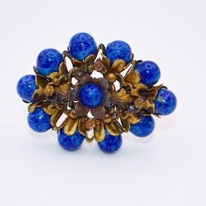 Art Deco Czech Neiger Brothers Vintage Lapis Blue glass beads Brass Floral  beautiful pin brooch .REAR .UNIQUE. Collectible.Unsigned.