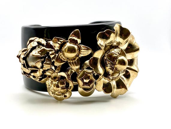 MISSONI Italy Vintage Black and Gold Flowers Cuff Bracelet