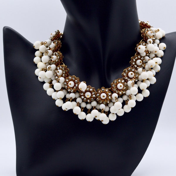 Vintage MIRIAM HASKELL style milk glass and crystals  Necklace. Unsigned. Rare . Collectable . Beautiful.