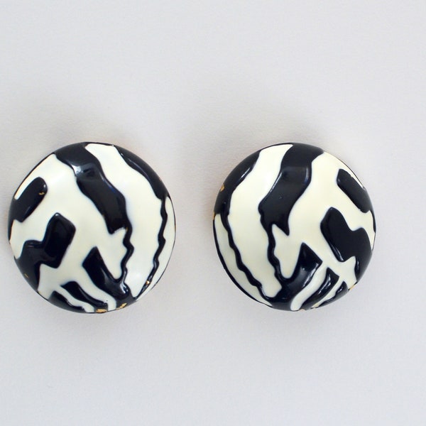 Lanvin Paris Large Enamelled Monochrome Dome Earrings .Signed. Designer. Runway Couture Clip on Earrings . Rare.  Gorgeous.