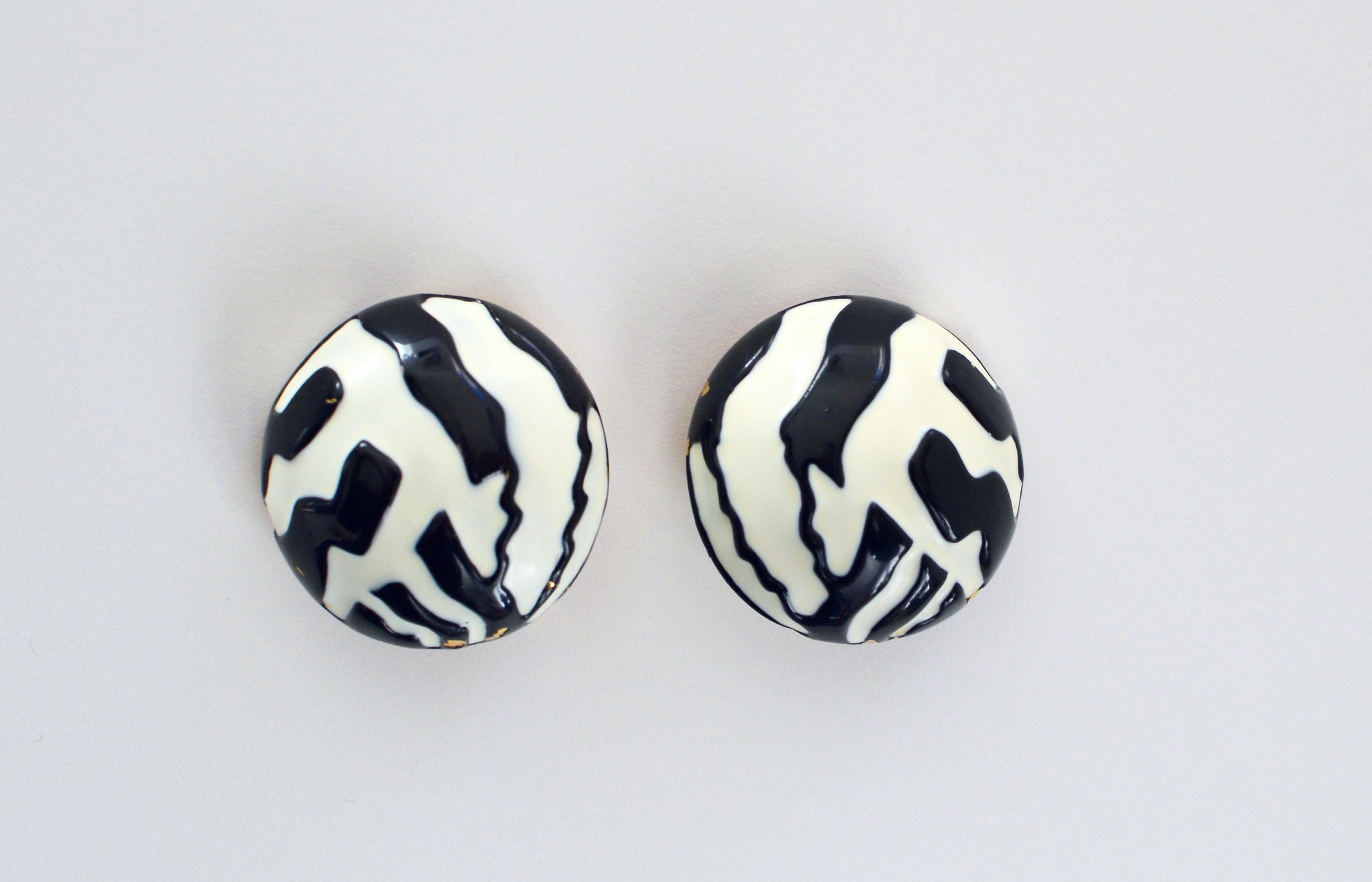 Lanvin Paris Large Enamelled Monochrome Dome Earrings .Signed. Designer. Runway Couture Clip on Earrings . Rare.  Gorgeous.