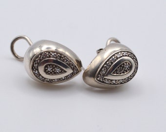 Vintage 925 Sterling Silver Stunning Earrings with Diamond paste and French Omega Clip  . Unique. Rare . Collectible. Gorgeous.