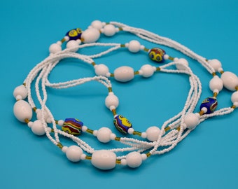 Vintage Milk White Glass and Venetian Millefiori beads long necklace . Rare. Elegant. Beautiful.