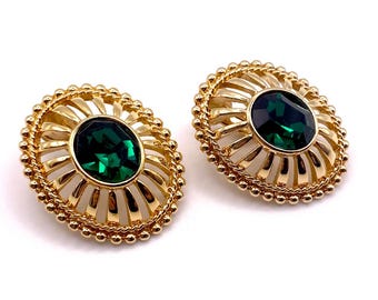 Pendientes de clip Swarovski vintage / Cristal verde esmeralda, chapados en oro