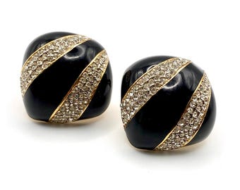 Boucles D'oreilles XXL Pendantes à Clips Années 90 - Vintage, Doré, Perles Et Strass, Résine, Occasion