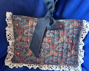 Quilted Bible Sleeve with Bow Blue Paisley with lace trim Book Cover Bible protector Large