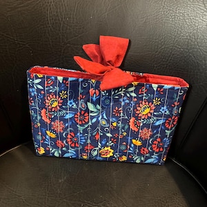 Quilted Bible Sleeve with Bow Book Cover Bible protector Blue with Red Yellow Flowers Small Thinline Bible
