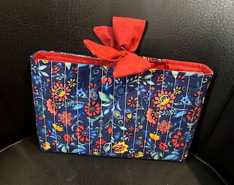 Quilted Bible Sleeve with Bow Book Cover Bible protector Blue with Red Yellow Flowers Small Thinline Bible