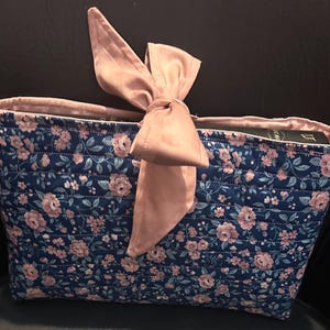 Quilted Bible Sleeve with Bow Book Cover Bible protector Blue with Pink Flowers Large