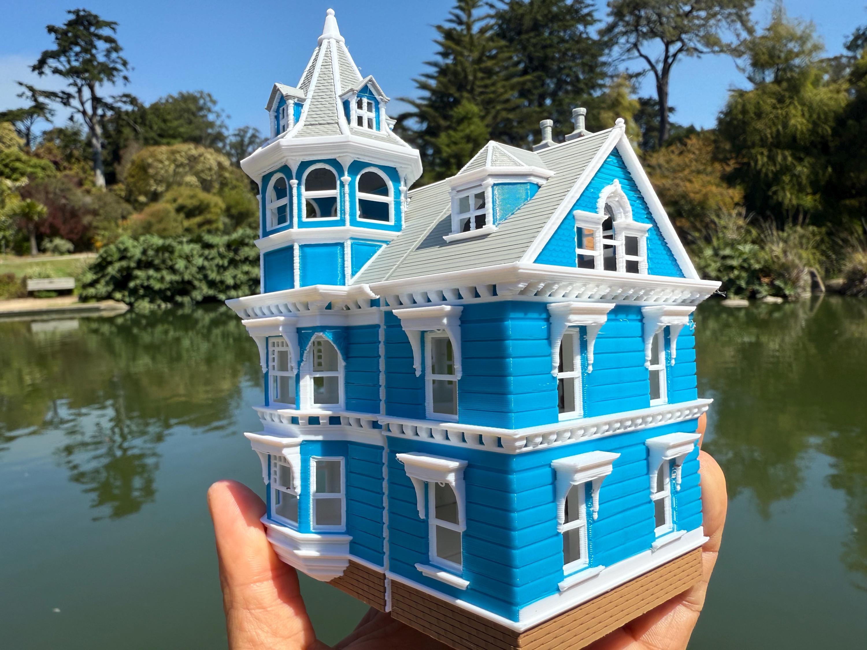 3F Victorian Blue House ミニチュア ペーパークラフト 完 Miniature COLOR Victorian #3 Queen Anne Tower House 1:87 Ho-scale