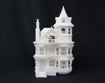 Maqueta de casa victoriana Reina Ana en miniatura a escala N + interiores, ensamblada por Gold Rush Bay, color blanco.