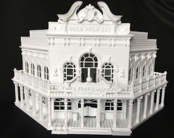 Old West em miniatura # 1 Saloon/Hotel construído pronto em escala HO Interiores incluídos branco