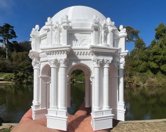 Puede incluir: Un modelo 3D impreso en blanco del Palacio de Bellas Artes de San Francisco. El modelo es detallado e incluye las columnas, los arcos y la cúpula de la estructura original.