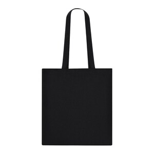 May include: A solid black tote bag with two matching black handles. The bag is rectangular with a simple, minimalist design. The handles are long enough to be carried over the shoulder.