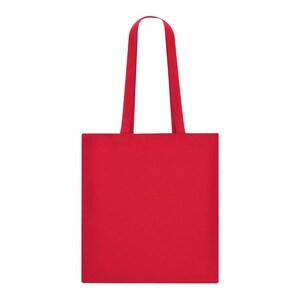 May include: A solid red tote bag with matching handles. The bag is rectangular with a simple design, suitable for carrying groceries, books, or other items. The handles are long enough to be worn over the shoulder.