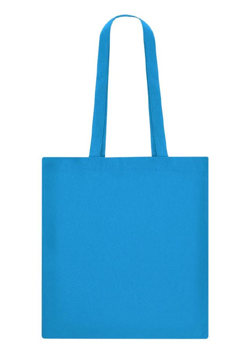 May include: A solid blue tote bag with matching handles. The bag is rectangular with a simple design, suitable for carrying various items. The handles are long enough to be worn over the shoulder.