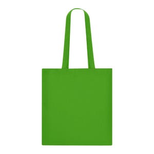 May include: A solid green tote bag with matching green handles. The bag is rectangular with a simple design, suitable for carrying groceries, books, or other items. The bag is made of a durable material.