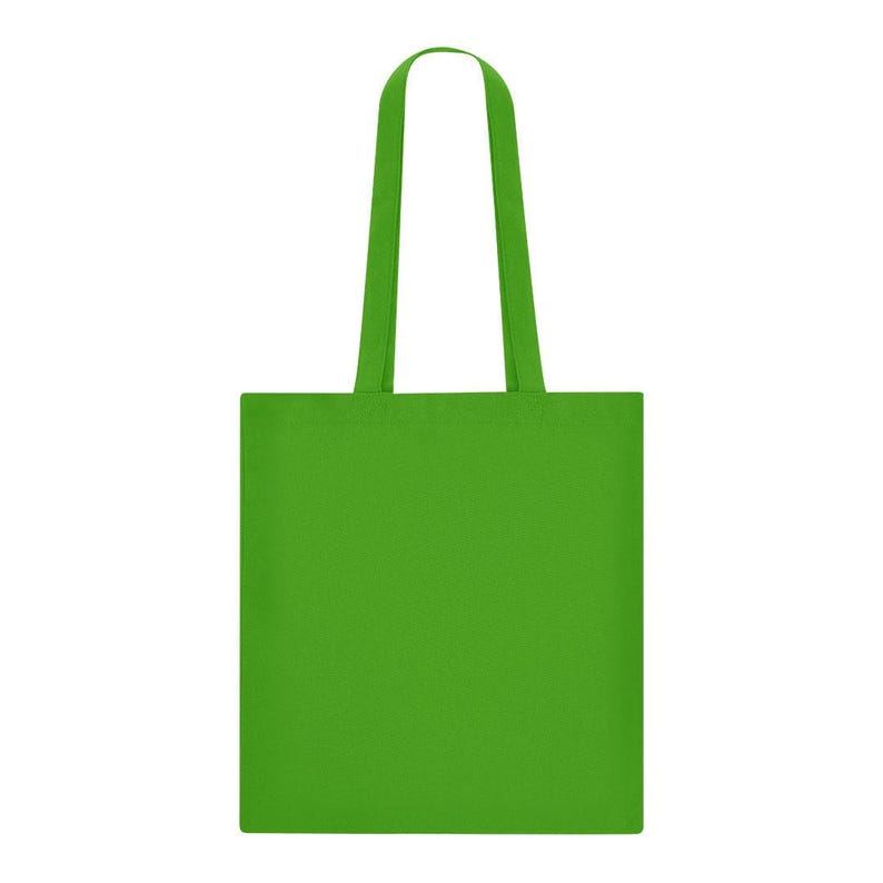 May include: A solid green tote bag with matching green handles. The bag is rectangular with a simple design, suitable for carrying groceries, books, or other items. The bag is made of a durable material.