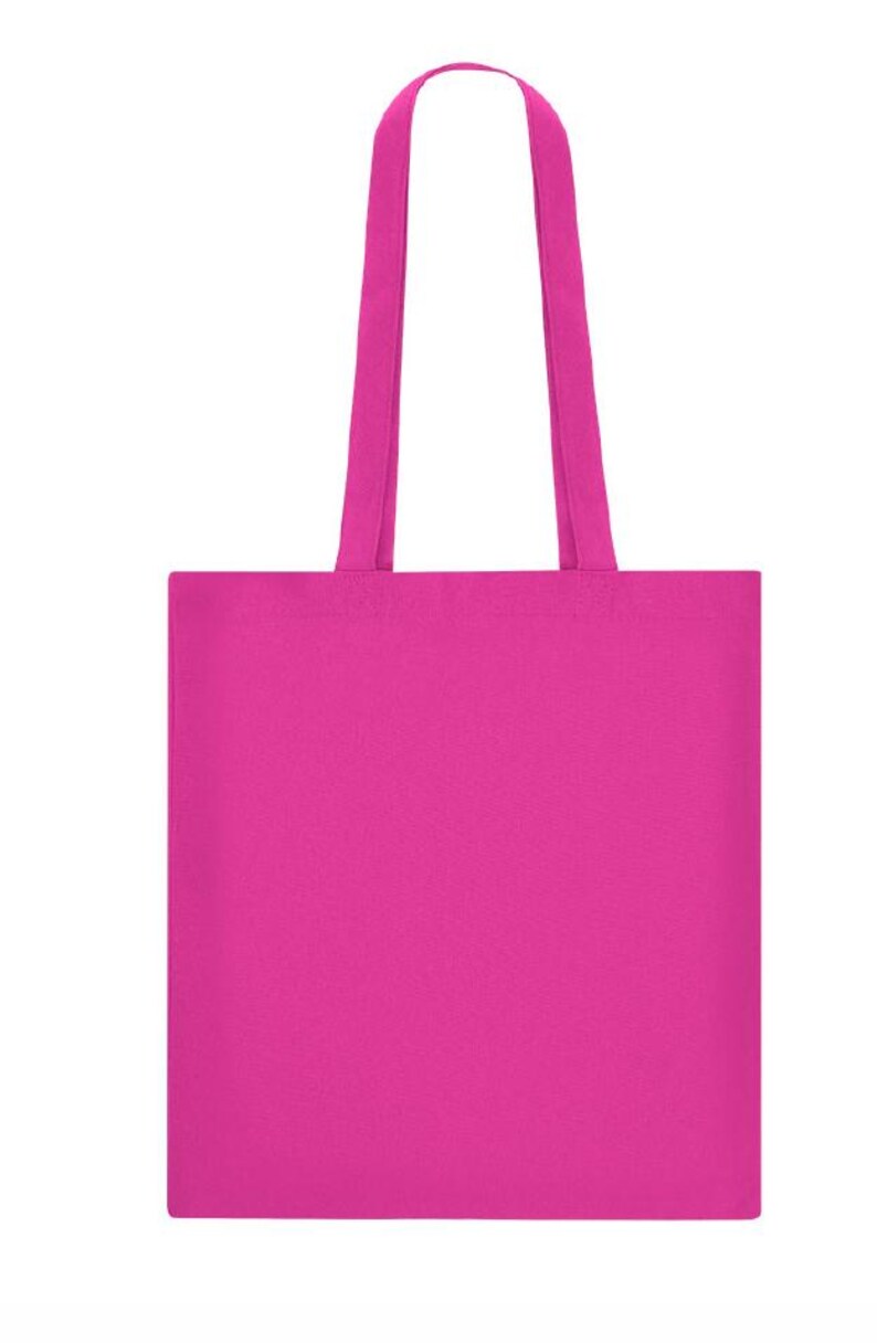 May include: A solid magenta tote bag with matching handles. The bag is rectangular with a simple, clean design, suitable for carrying various items. The handles are long enough to be worn over the shoulder.
