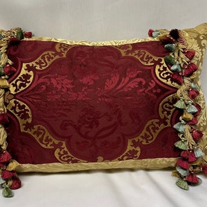 24x16 Decorative Kidney Pillow in Rubelli fabric, Red and Gold, Silk Gold  back, Silk Tassel Fringe, Zipper Closure w/ inserts Free Shipping