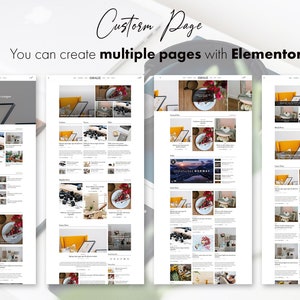 May include: Four different website pages showcasing a variety of products, including home decor, photography, and travel. The pages are designed using the Elementor website builder.