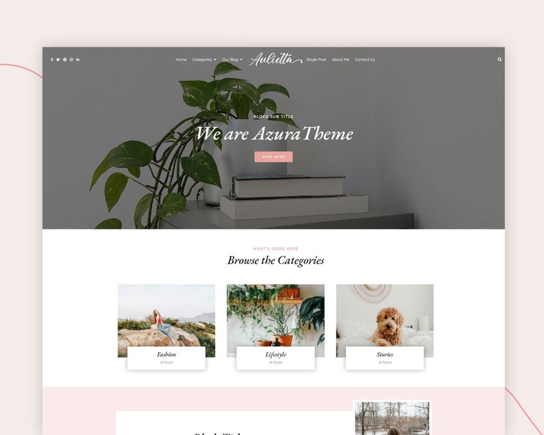 May include: A website homepage with the text "We are Azura Theme" and a button that says "View More". The website has a light gray background and features a plant in a pot, a stack of books, and a photo of a woman sitting on a rock. The website also has a section called "Browse the Categories" with three categories: Fashion, Lifestyle, and Stories.