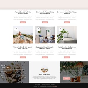 May include: A website homepage with a light pink and white color scheme. The website features a blog post section with three articles about lifestyle topics. The articles are titled "Praesent Convallis Nulla Nec Accumsan Aliquet", "Etiam Imperdiet Augue Id Metus Semper Malesuada", and "Sed Ornare Metus A Metus Aliquam Scelerisque". The website also features a contact form, a newsletter signup form, and a section about the website owner.