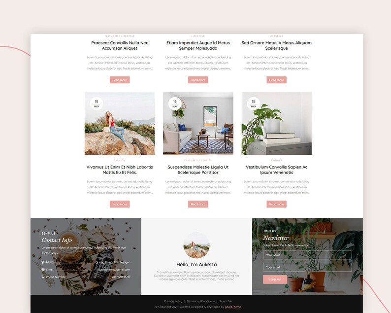 May include: A website homepage with a light pink and white color scheme. The website features a blog post section with three articles about lifestyle topics. The articles are titled "Praesent Convallis Nulla Nec Accumsan Aliquet", "Etiam Imperdiet Augue Id Metus Semper Malesuada", and "Sed Ornare Metus A Metus Aliquam Scelerisque". The website also features a contact form, a newsletter signup form, and a section about the website owner.
