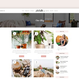 May include: A website homepage for a lifestyle blog called "Auliettia". The homepage features a blog post about houseplants, a blog post about coffee, and a blog post about a woman's lifestyle. The homepage also includes a section about the blogger and a section for recent blog posts.