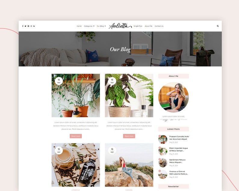 May include: A website homepage for a lifestyle blog called "Auliettia". The homepage features a blog post about houseplants, a blog post about coffee, and a blog post about a woman's lifestyle. The homepage also includes a section about the blogger and a section for recent blog posts.