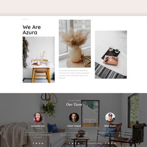 May include: A website homepage for a company called Azura. The website features images of a home interior, a team of three people, and the text "We Are Azura" and "Our Team".