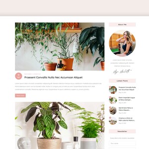 May include: A blog post about houseplants with a photo of a variety of plants in pots on a shelf. The text on the page reads "Praesent Convallis Nulla Nec Accumsan Aliquet".