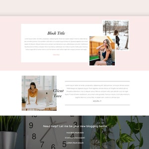 May include: A website screenshot with a pink background and white text. The text includes the words "Block Title", "Client Love", and "Need Help? Let me be your new blogging bestie".