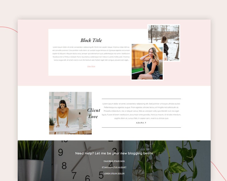 May include: A website screenshot with a pink background and white text. The text includes the words "Block Title", "Client Love", and "Need Help? Let me be your new blogging bestie".