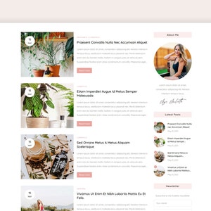 May include: A website homepage with a lifestyle blog theme. The page features a blog post about plants, a section about the blogger, and a section for recent blog posts. The blog post about plants features a photo of a plant in a pot. The section about the blogger features a photo of the blogger. The recent blog posts section features a list of recent blog posts with titles and dates.