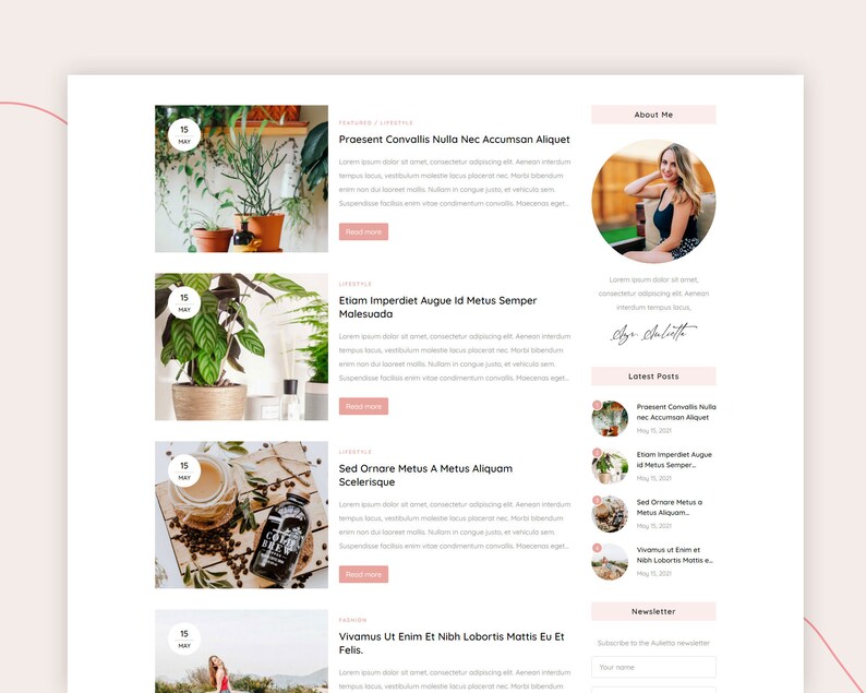 May include: A website homepage with a lifestyle blog theme. The page features a blog post about plants, a section about the blogger, and a section for recent blog posts. The blog post about plants features a photo of a plant in a pot. The section about the blogger features a photo of the blogger. The recent blog posts section features a list of recent blog posts with titles and dates.