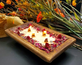 Carved Wood Dough Bowl Candle: Coconut Soy Beeswax, Wood Wick, Natural Decor