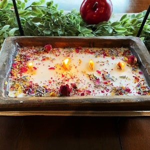 Handmade Dough Bowl Candle: Coconut Soy Beeswax, Wood Wick, Floral Decor
