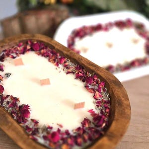 FUNK FREE Unique Rustic Wood Dough Bowl + Soy Coconut Beeswax Natural Candle  ~ Wood Wick ~ Dried Flowers Beautiful 4 Gift Giving