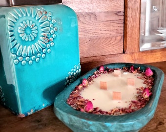 FUNK FREE Teal Rustic Dough Bowl ~ Coconut Beeswax Soy Custom Blend Natural Candle ~ Safe Scents ~ Hand Made Carved Wood Wick Bowl