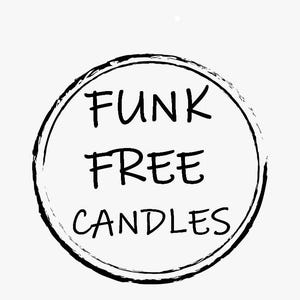May include: A black and white graphic with the text "FUNK FREE CANDLES" inside a circular frame. The text is in a bold, handwritten style, and the frame has a brushstroke effect.