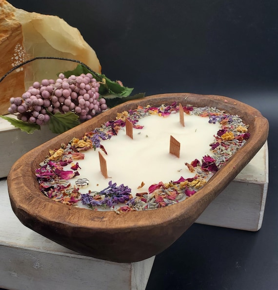 FUNK FREE Unique Rustic Wood Dough Bowl + Soy Coconut Beeswax Natural Candle  ~ Wood Wick ~ Dried Flowers Beautiful 4 Gift Giving