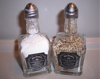 Upcycled JACK DANIEL'S Single Barrel Whiskey 50ml Heavy GLASS Bottles to Salt & Pepper Shaker Set * 4" Tall