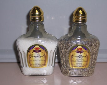 Plastic CROWN ROYAL Whiskey 50ml Bottles Upcycled into Salt & Pepper Shaker Set  * Gold Tops * 3.5" Tall