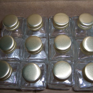 12 Small Square GLASS Bottles 3x3 Cm With Gold Color Metal Screw-on ...