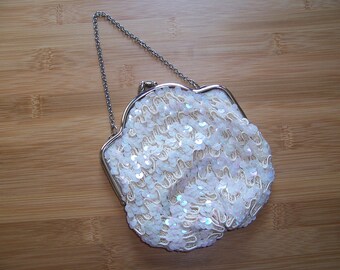 Vintage White Satin Iridescent Sequin Clutch Purse * 5" x 5" with Metal Clasp * Prom Wedding Formal Elegant Accessory * Very Nice!