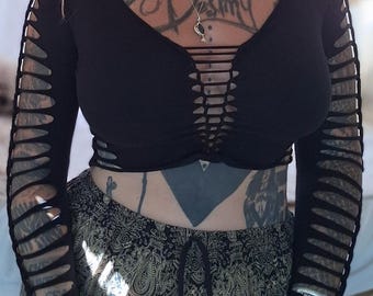 XS-4XL long-sleeved black crop top long-sleeved shirt with open belly cut-out goa psy trance boho hippie punk festival flower of life