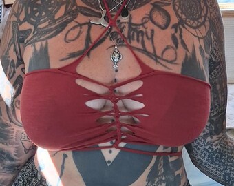 XS-xxL red croptop cutout cut out ombre batik top tanktop yoga goa psy ethno boho graphic fire save pattern psi festival halterneck