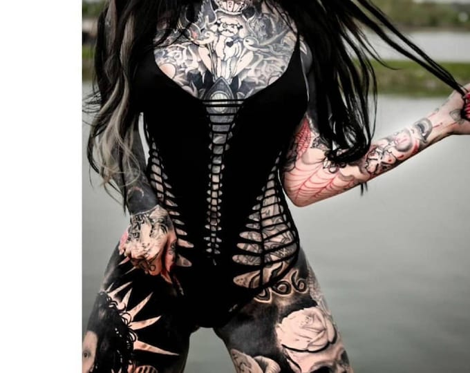 XS-XL Bodysuit cutout cut out cutouts fetish gogo festival black punk goa psy sacred pole yoga dance weave slit alzahea hooping firesafe